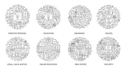 Modern round line icons set covers creative process, education, insurance, school, law, online learning, real estate, security for web, apps, presentations vector illustration