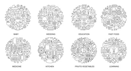 Collection of round line icons representing baby, wedding, education, fast food, medicine, kitchen, fruits, vegetables, and learning themes for infographic and web design vector illustration