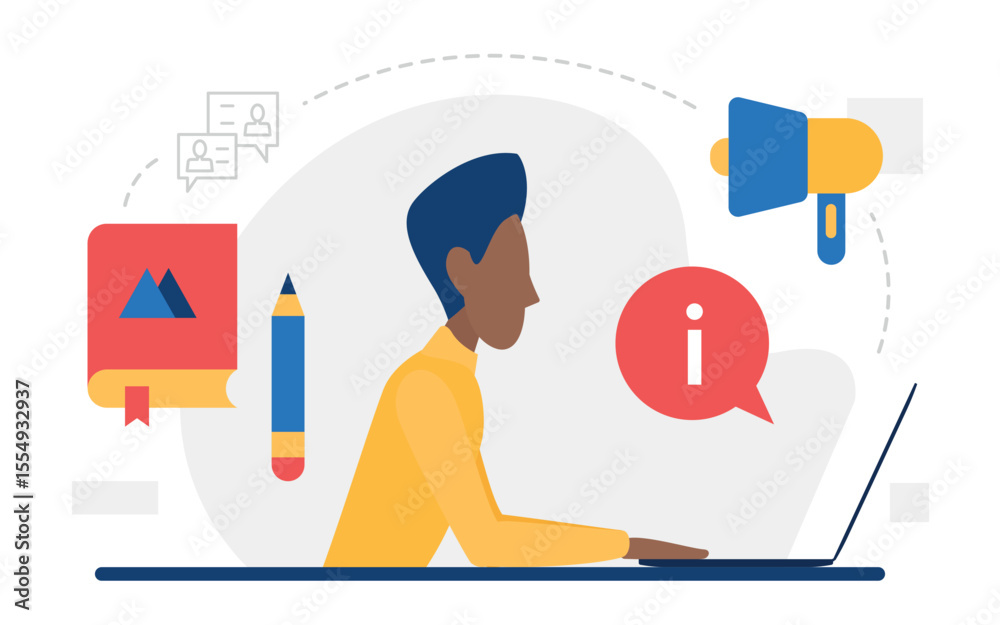 Poster digital marketing web concept vector illustration. cartoon man character sitting with laptop and web