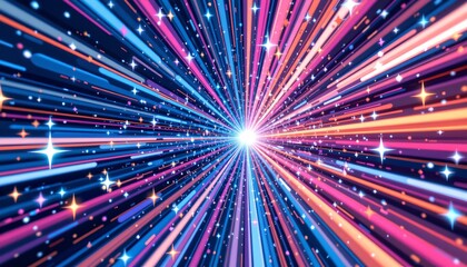 create a vibrant abstract artwork depicting warp motion in a blue star trail, with glossy modern style, use bright rose gold accents, vivid white brilliance, and joyful vibes