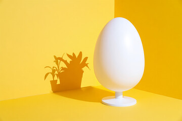 Minimalist white egg shape on a stand casting a shadow of potted plants on yellow background