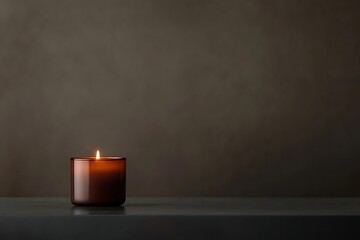 Minimalist candle burning on dark surface against brown background