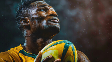 Focused rugby player holds the ball with determination. Sweat glistens on his face under the stadium lights.