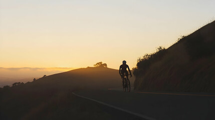 Cyclist Riding at Sunset on Mountain Road