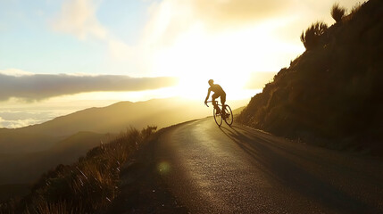 Cyclist Riding on Mountain Road at Sunset