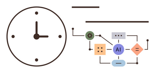 Clock beside connected AI workflow components, including shapes and nodes. Ideal for time management, automation, efficiency, technology evolution, artificial intelligence, productivity, simple flat