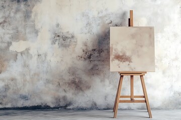 Blank canvas on easel against textured wall in art studio.