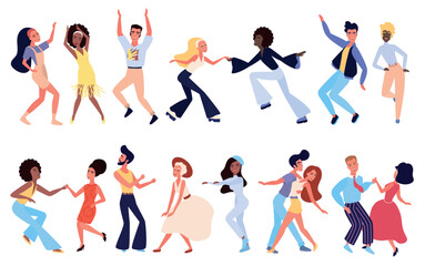 Crowd of young people dancing at club. Characters in stylish clothes having fun at club party set. Modern retro style vector illustration.
