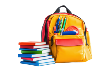 Colorful school backpack next to stacked books, showcasing essential school supplies for students preparing for class