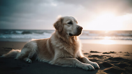 Dog lying on the beach at sunset. Focus on the dog.