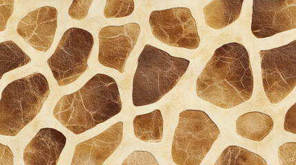Fototapeta premium Close-up of giraffe skin pattern showing irregular dark brown patches and light beige background texture