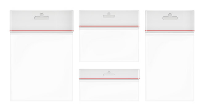 Clear vacuum storage bags with red zip seal for packaging, organizing, and protecting items in retail or home use isolated on white background vector illustration