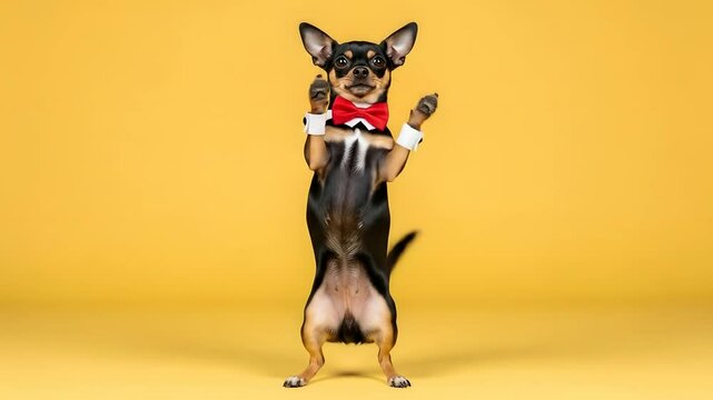 Dog standing upright, wearing tuxedo and bow tie, paws raised. Cute chihuahua waving paws, performing tricks for training. Pet adoption, funny pets, cheerful gestures uses.
