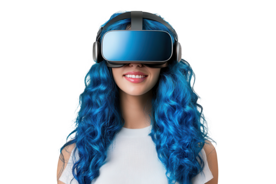 Smiling young woman with blue hair enjoying virtual reality experience indoors during daytime