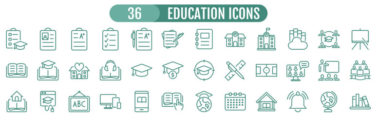 Set of 36 Education and Learning web icons in green colored line style. School, university, textbook, learning. Vector illustration.