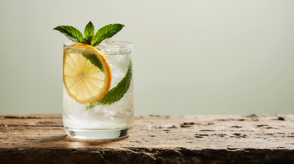 Crystal glasses with citrus slices in water on white background with rainbow reflections at sunlight, modern, minimalist composition with glass cups filled with water and citrus fruit, as lemon orange