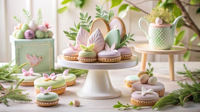 Pastel-colored macarons arranged artfully with spring foliage on tiered cake stands, creating an elegant and delicate dessert display