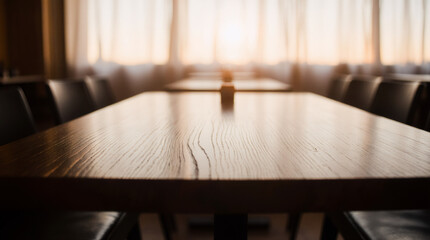 Empty wood table in front of blurred background. Perspective house and window - can be used for display or montage your products.Mock up for display of product.