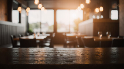 Empty wood table in front of blurred background. Perspective house and window - can be used for display or montage your products.Mock up for display of product.