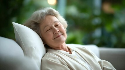 Elderly woman napping on a sofa with a soft pillow and natural light