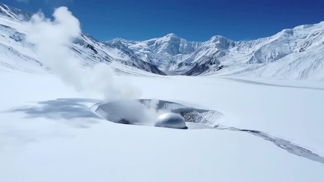 Mysterious Sci-Fi Sphere Discovered Inside a Steaming Geyser in a Vast Snowy Mountain Landscape, Alien Technology Concept