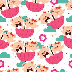 cute hand drawing cartoon pig inside pink umbrella with sky element seamless pattern. cute animal pattern in white background for gift wrap paper and wallpaper