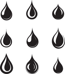 Collection of Black vector illustrations of water drop silhouettes in a clean, simple design.