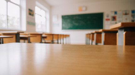 Back to School Concept. Empty classroom with chairs, desks and chalkboard.