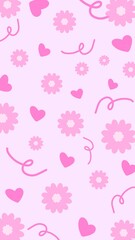 Cute seamless pattern with pink hearts, flowers, and swirls on soft pastel background. Perfect for wrapping paper, stationery, romantic themes, Valentine’s Day, and girly design projects.