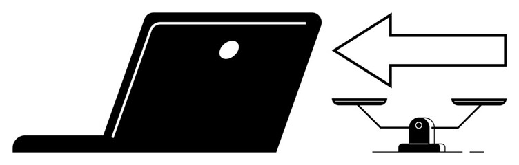 Laptop, arrow pointing left, and balance scale emphasize decision-making, fairness, and technology. Ideal for business, ethics, justice, technology use decision-making responsibility