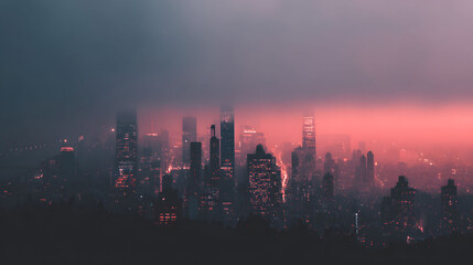 Fototapeta premium Pink and Red City Skyline at Twilight, Foggy Atmosphere