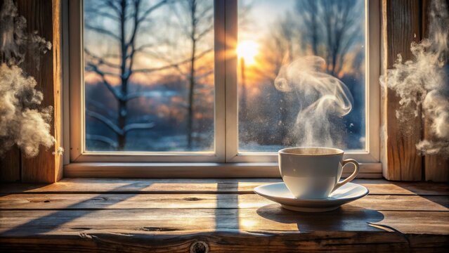 Warmth of a winter sunrise embracing a steaming cup of morning beverage on a rustic wooden windowsill