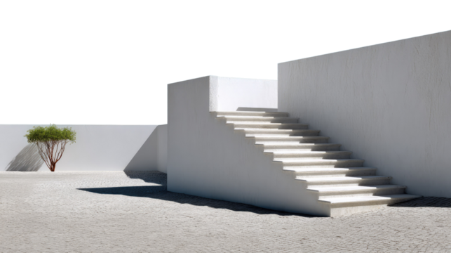 Minimalist Staircase: A modern architectural composition featuring a clean, white staircase with a minimalist aesthetic, accentuated by shadows and a solitary plant.