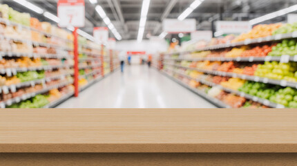 empty  wooden board empty table in front of blurred background. Perspective light wood over blur in supermarket. mock up used for display or montage your products. Wood floor and Supermarket blur.