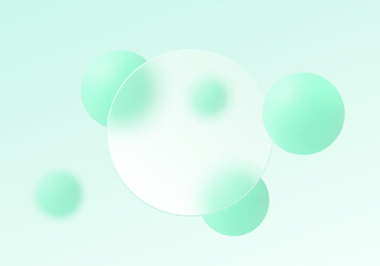 Mint green glass morphism background with translucent round banner and gradient spheres.