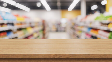 empty  wooden board empty table in front of blurred background. Perspective light wood over blur in supermarket. mock up used for display or montage your products. Wood floor and Supermarket blur.