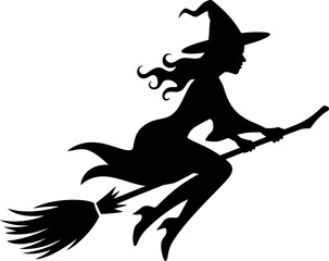 Flying Witch Silhouette on Broomstick – Halloween Vector Illustration