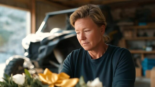 Funeral director preparing hearse with floral wreath and vehicle