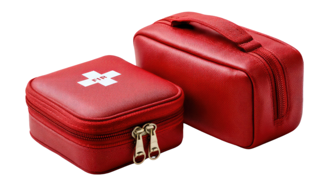 Preparedness in Red: A close-up of two red first aid kits, one with a prominent white cross, showcasing a readiness for any medical need. Focus on readiness and care. 