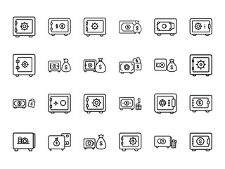 Safe and Money Storage Silhouettes in Minimal Line Style on White Background – Vault Icons, Cash Security, Lockbox, and Money Bag Vector Illustrations

