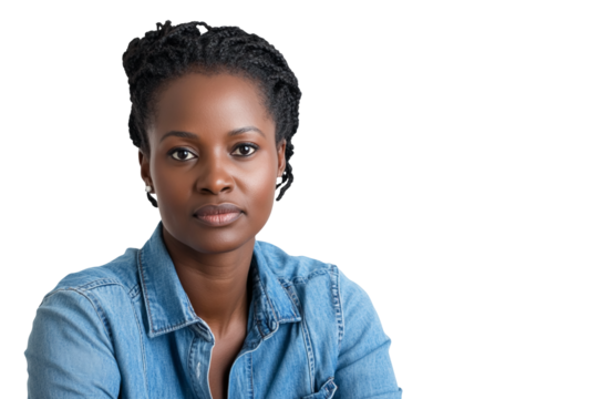 Portrait of a casual woman sitting and texting on her smartphone, wearing a denim shirt with a focused expression. Isolated on a seamless white background. Ideal for lifestyle, tech, and communication - Powered by Adobe