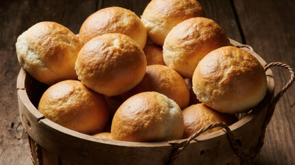 Many breads are placed in a tray with a wood background.