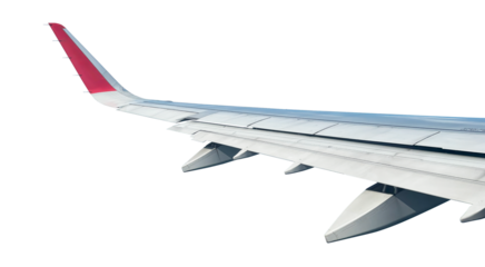 Aviation and travel airplane wing or view of the plane wing from the window of passenger seat. Airplane wing isolated on transparent background. PNG Format