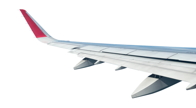 Aviation and travel airplane wing or view of the plane wing from the window of passenger seat. Airplane wing isolated on transparent background. PNG Format