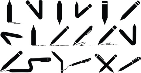 Pen and Pencil Vector Icons: Diverse Set of Writing Tool Silhouettes, Perfect for Education, Art, Office, and Design Projects - Isolated Black Graphics.