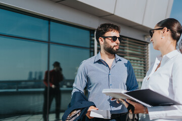 Two business people engage in a meeting on a high-rise balcony. Their discussion reflects a...