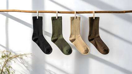 Four pairs of ribbed socks in various colors hang from a wooden clothesline against a white background