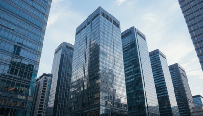 Low-angle view of modern skyscrapers, showcasing glass facades against a cloudy sky.