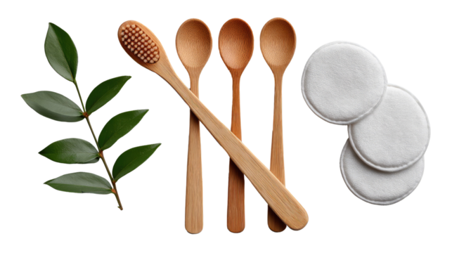 Sustainable Living Essentials: Eco-friendly bamboo toothbrush, wooden spoons, and reusable cotton rounds, complemented by a sprig of fresh green leaves.