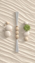 Minimalist zen garden arrangement with smooth pebbles, decorative sticks, and green plant on sand